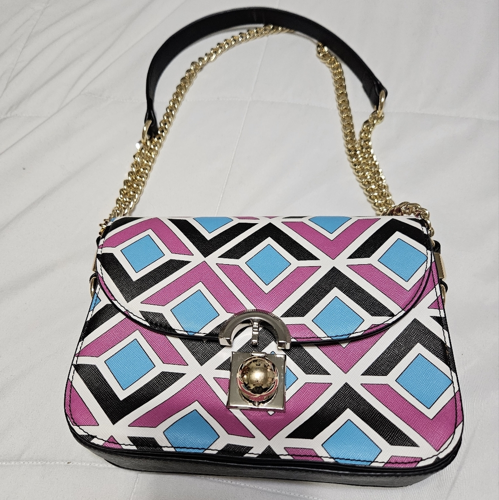 Lionel Pink, Blue, Black, and White Pattern Handbag with Gold Accents